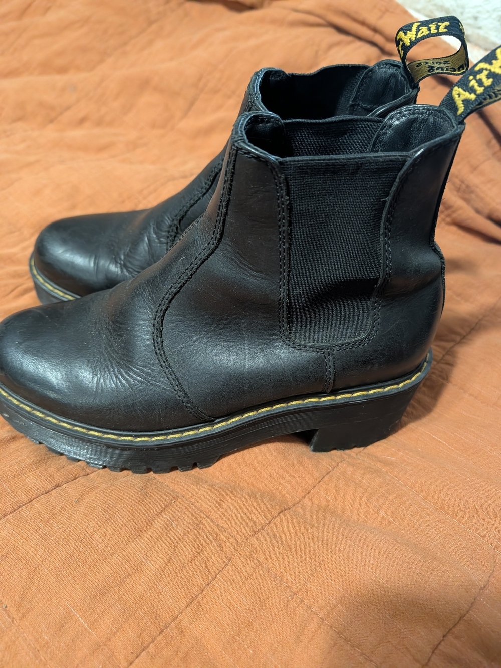 Dr. Martens Black Leather Chelsea Platform Boots with Yellow Stitching